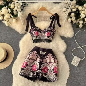 Womens Two Piece Pants DEAT Women Vintage Print Strapless Tassel Lady Sling Top Shorts Set Fashion Temperament Summer 11D9754 230317