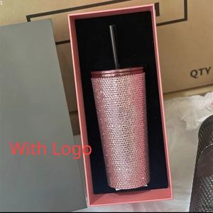 Bottiglia d'acqua di lusso con strass Bicchiere in acciaio inossidabile nero rosa con coperchio e thermos in cannuccia per bicchieri d'acqua Tazza da caffè 240306