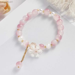 Bangle elegante imitação de pérola flor frisada pulseira para mulheres doce menina bonito rosa cristal resina pulseira moda aniversário jóias presente ldd240312