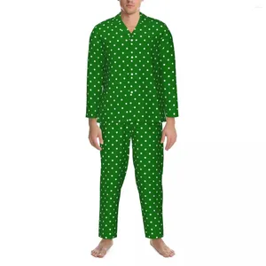 Mäns sömnkläder julgröna pyjamas set vita polka prickar tryck kawaii män långärmad avslappnad daglig tvådelar nattkläder stor storlek