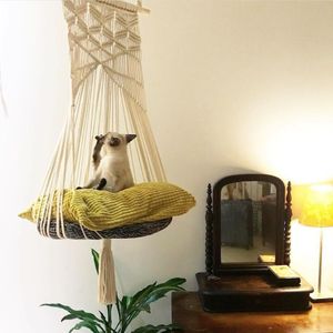 Rede de balanço para gatos, estilo boho, gaiola artesanal, assento para dormir, borla, brinquedo para gatos, corda de algodão, animais de estimação, house249t