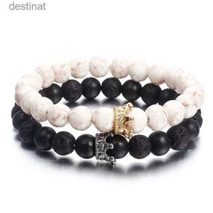 Beaded 8mm Natural Lava Stone Bracelets For Women Men New Volcanic Stone Black White Agate Crown Beads Bangle Jewelry Christmas GiftL24213