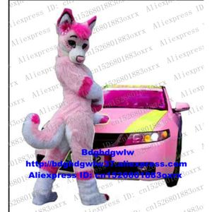 Trajes de mascote rosa longo pele peludo sexy lobo raposa husky cão fursuit mascote traje adulto personagem de desenho animado cabeça muito grande salão de beleza zx672