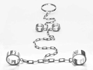 Collar Wrist Ankle Cuffs Bondage Siamese Stainless Steel Heavy Duty Chains Harness Gear Adult Slave BDSM Set9510377