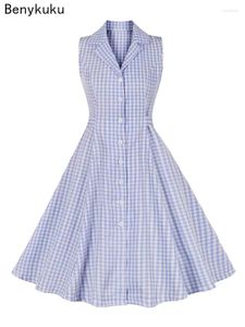 Casual Dresses Notched Collar Single Breasted Sleeveless Office Dress Women Summer Blue White Plaid Vintage Robe Bow Tie Elegant Ladies