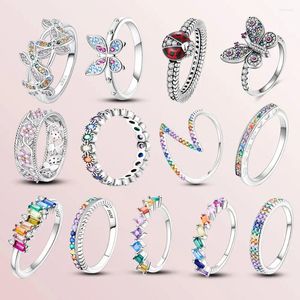 クラスターリング2024本物の925スターリングシルバースパークリングリングfor charm with charm collectionジュエリーレディーバグdiyレインボージェム