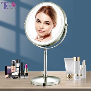 8 tum guldmakeupspegel med lätt USB -laddning 10x förstoring Vanity Mirror Bakgrund Justerbart ljus Standing Cosmetic Mirror 240219