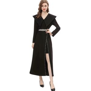 Frauen Runway Kleider Drehen Unten Kragen Lange Ärmel Sexy Split Perlen Elegante Mode Designer Mid Vestidos