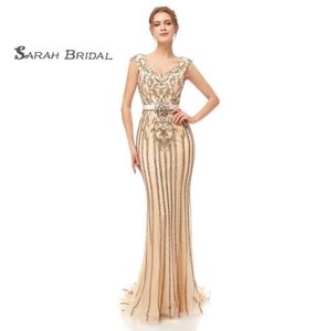 Generous 2019 Full Beads With Ribbon Vneck Zipper Champagne Mermaid Prom Dresses Formal Evening Party Gowns 53992491710