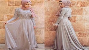 2019 Chic długie rękawy muzułmańskie sukienki wieczorowe z koralikowymi szyfonami arabski Dubai Abaya Kaftan Formal Party Suknie Prom Dress9887957