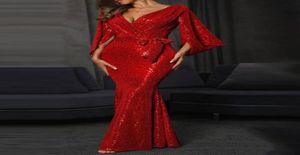 Sparkly Sequined Red Evening Dresses with Deep V Neck Pleats Long Sleeves Mermaid Prom Dress Dubai African Party Gown Arabic Even 5483873