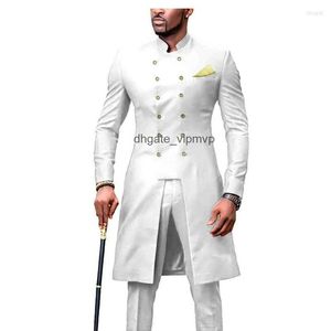 Mens Suits Jeltoin African Design White Men Stand Collar Double Breasted Wedding For Bridegroom 2 Piece Long Coat Pant