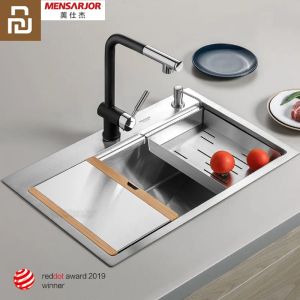 Kontrollera YouPin Kitchen Multifunction Combination Handmade Sink 50l rostfritt stål diskbänk med huggtavla dräneringskorg