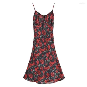 Casual Dresses YENKYE French Elegant Rose Floral Print Mini Dress Sexy Backless V Neck Spaghetti Strap Women's Summer Robe