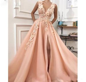 Seksowna różowa z boku rozdzielona suknia balowa głębokie vneck 3D Flower Bead Evening imprezowe suknie imprezowe Drapowane spódnica wieczorna sukienki koktajlowe 1193150
