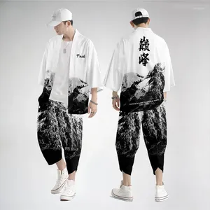 Roupas étnicas Japonês Tradicional Kimono Calças Homens Haori 2 Peça Terno Retro Yukata Asiático Moda Harajuku Hanfu Jaqueta 2024