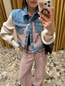 2024 xiaoxiang m * aje knitt denim 스 플라이 싱 가짜 2 조각 싱글 가슴 패션 코트