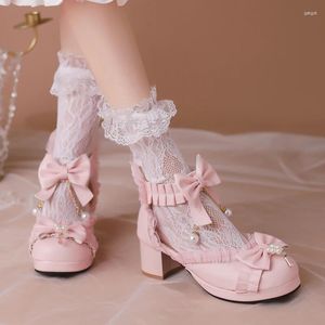 Klädskor rosa vit lolita stil cosplay söt bowtie flickor prinsessan piga plattform spetsar ruffle pärlor kvinnor fest bröllop sandaler