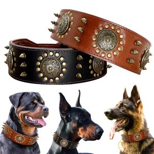 Leather Large Dog Collar Pitbull Spiked Studded Collars for Medium Large Big Dogs Genuine Leather Durable Pet Collar Brown271v