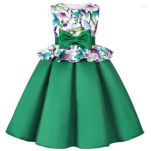 Girl Dresses 2024 Girls Dress Flower Print Bow Summer Elegant Little Princess Piano Performance Evening Gowns Children's Clothing