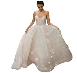 2022 Nuovo abito da sposa lungo senza spalline con paillettes scintillanti per le donne Collo a cuore senza maniche A Line Bling Lunghezza pavimento Sposa Weddin6847116