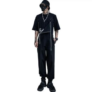 2021 macacão de verão masculino mulher bib macacões multi-bolso zíper gravata pés legal rua hip hop macacão calças preto