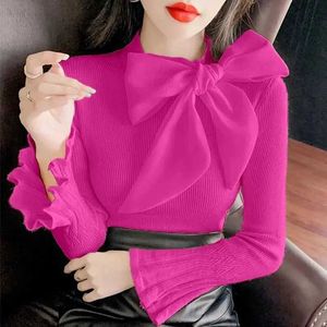 Women's Blouses Shirts Elegant Solid Color Flare Sle Knitted Bow Blouse Womens Clothing 2022 Autumn New All-match Casual Pullovers Loose Sweet ShirL24312