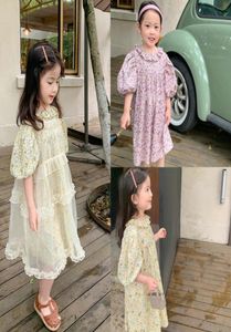 Spring Summer Girls Floral Printed Dresses Kids lace puff sleeve with suspender gauze dress children princess clothing A60172281475