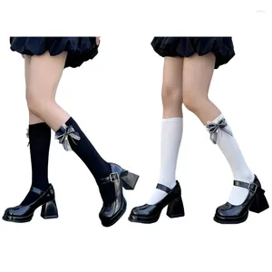 Women Socks 2pcs Ballet Knee High With Bows Lace Top Ruffle Calf Tube