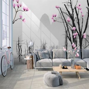 3D壁画の壁紙モダンなシンプルな枯れ木ビッグツリーピンクの花の風景居間リビングルームベッドルームウォールカバーHD壁紙183m