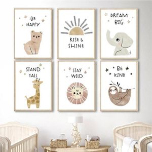 Dipinti Elefante Orso Giraffa Leone pigro Sole Boho Wall Art Canvas Pittura Nordic Poster e stampe Immagini Kids Baby Room Deco334S