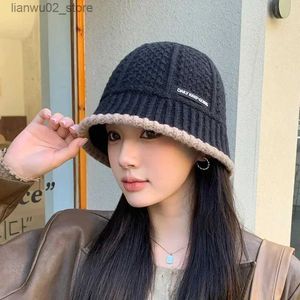 Wide Brim Hats Bucket Hats Womens Winter Warm Knitted Bucket Hat Warm Fisherman Hat Womens Fashion Korean Beanie Womens Vintage Black Panama Hat Q240312