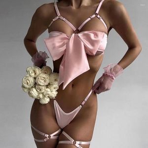 Bras Sets 4pc Set Satin Lingerie Women Hollow Out Bow Tie Bra Thongs Leg Ring Ladies Sexy Erotic Underwear Smooth Panties Sex Nightdress