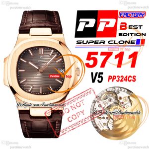 5711/1R CAL A324SC 자동 남성 시계 PPF V5 로즈 골드 브라운 텍스처 다이얼 흰색 스틱 마커 가죽 스트랩 슈퍼 에디션 reloj hombre puretimewatch ptpp ZZ2