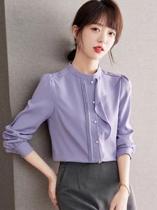 女性のブラウスヴィンテージ気質紫色のシャツトップ女性オフィスレディオネック長袖2024秋のフリル緩んだ