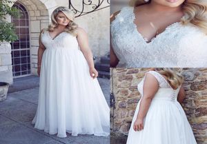 Chiffon Applique Lace Plus Size Beach Wedding Dress Corset Back White Empire V Neck Bridal Gown 26W Robe de Soiree Longue6462203