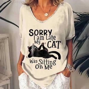 T-shirt das mulheres 2024 Oversized 3D Kitten Padrão Impresso Womens Street Wear Verão T-shirt Casual Solto Pulôver Curto Sle Top Womens 5XL L24312