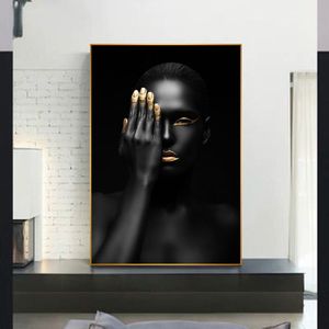 セクシーなアフリカンブラックゴールドの女性の写真キャンバスプリントリビングルームポスターのための装飾的な絵画ウォールアート