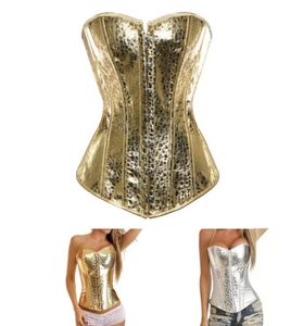 Kvinnor Plus Size S6XL Fashion PVC Leather Padded Overbust Bustier Zipper Dance Corset Top With Polka Dots Detales Gold Silver 1395042