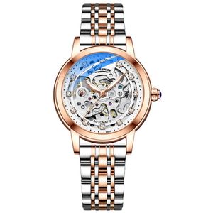 Kvinnor Automatisk mekanisk klocka Top Brand Luxury rostfritt stål Vattentät handledsklocka damer skelett Tourbillon clock277s