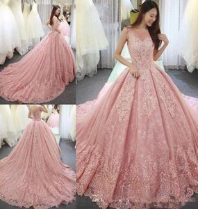 Lyx rosa quinceanera klänningar en linje juvel mössa hylsa svep tåg prom klänning spets applikation backless sweet 16 klänning3423923