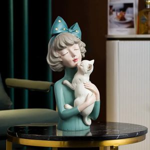 Modern Nordic Bow Girl Hold Cat Hold Dog Room Decoration Accessories Dressing Table Crafts Statue Sculpture Birthday Gift 240305