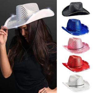 50pcs Cowgirl Led Şapka Yanıp Sönen Sequin Cowboy Şapkaları Aydınlık Kapaklar Cadılar Bayramı Kostümü FY7970 0312