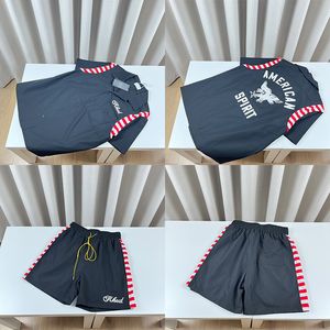 24ss EUA Eagle Bordado Carta Tee Beach Stripe Patchwork Manga Curta Camisas Casuais Homens Verão Camiseta Camiseta Shorts Troncos Conjuntos de Treino Vendido Separadamente 0312