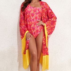 2024 New European and American Cross border Bikini two-piece set with Amazon printed long sleeved cover up, one piece hot spring swimsuit