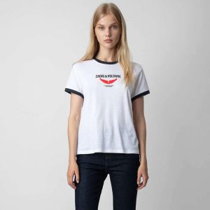 Zadig Voltaire Novo nicho de designer de nicho camiseta vintage asas de impressão vintage Diamante quente Lavagem de água Sty Fry Color Cotton Tee versátil Mulheres de manga curta Tops de camiseta 51