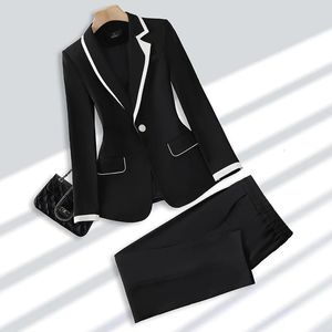 Black Womens Formal Suit Set Patchwork Jacket och byxor Casual Pantsuit Office Balzer 2 -stycken kvinnliga kläder Ropa de Mujer 240326