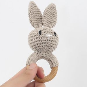 Handmade Baby Wooden Teether Crochet Cartoon Animal Rattle Toys Wooden Teething Ring For Baby Soothing Bracelet Crafts Gift