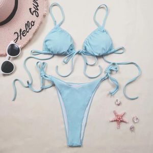 Women's Swimwear Ribbed Thong Bikini 2024 Women Swimsuit Female Two-pieces Set High Cut Bather Bathing Suit String Biquini Blue