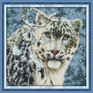 Snow Leopard Winter Handmade Cross Stitch Craft Tools Embroidery Nålarbetet räknade tryck på duk DMC 14CT 11CT Home Decor 304o